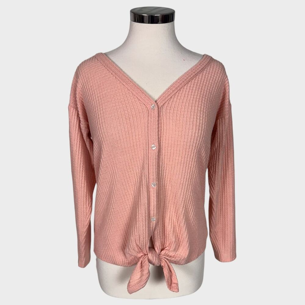 LOFT Outlet Womens XS Peach Pink Waffle Knit Button Front Tie Waist Top